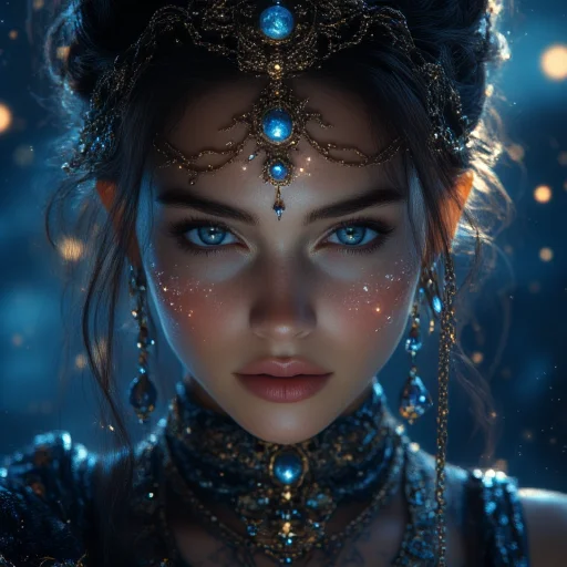 Gorgeous Galactic, A close-up of a galactic goddess with intricate metallic ornaments and glowing tattoos etched along her neck and arms. Her face is adorned with delicate chains and a circlet of interlocking celestial motifs, with jewels that sparkle like miniature galaxies. Her skin radiates an iridescent glow, and her eyes resemble supernovas, burning with cosmic power. The background features swirling starfields and planetary rings, creating a surreal and majestic atmosphere. The lighting focuses on her face and ornaments, with soft highlights emphasizing her celestial beauty and divine energy.