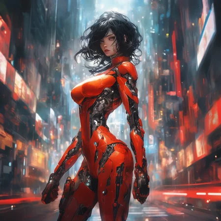 A beautiful cyborg on a big city, young woman, iridescent black hair, amber eyes, long legs, red suit, science fiction, full length, detailed eyes, hyperdetailed face, complex, symmetrical face, sharp focus, perfect, model, textured, looking into the camera, science fiction, chiaroscuro, professional make-up, realistic, rough, gritty, figure in frame, (cartoon:0.5), (dynamic pose:1.2)