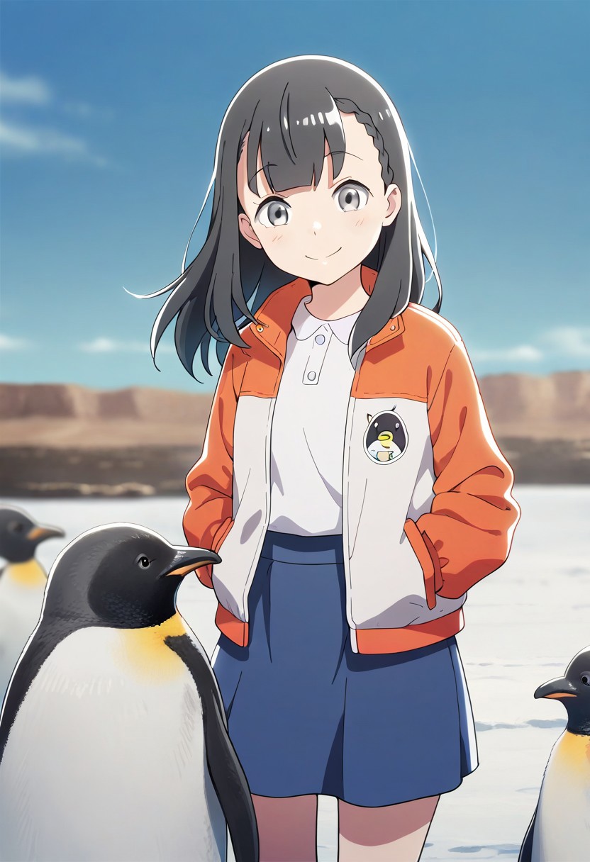 masterpiece,best quality,amazing quality,shiraishi yuzuki, black hair, long hair, grey eyes, 1girl, solo, smile, jacket, skirt, outdoors, blue skirt, sky, blue sky, shirt, penguin, white shirt, bird