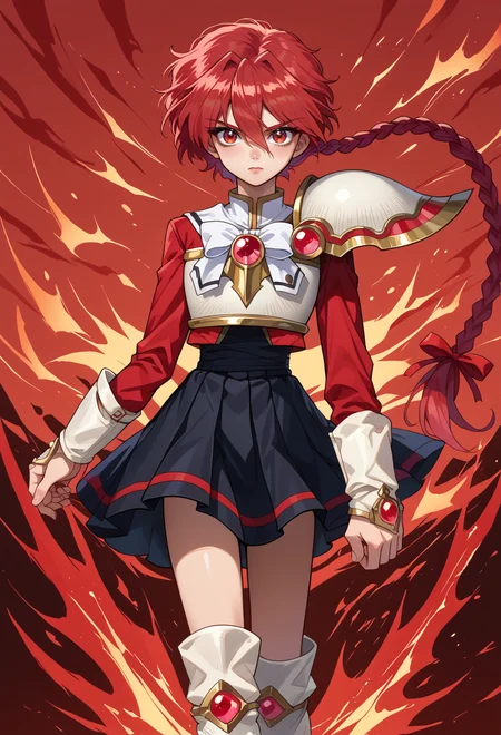 score_9, score_7_up, source_anime, BREAK (solo:1.3), <lora:AELucy:1>
AEHikaru, red eyes, red hair, hair between eyes, long hair, long braid, braided ponytail, single braid, hair ribbon, red ribbon,
AEHikaruKnight, armor, breastplate, gem, pauldrons, shoulder amor, kneeboots, boots, white footwear, full body,