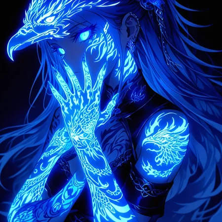 A female anime character with intricate glowing blue Eagle tattoos covering her arms, hands, and face. The tattoos emit a soft, radiant glow that contrasts against her dark, form-fitting outfit. Her expression is calm and mysterious, with a dreamlike ambiance surrounding her. The character has long, smooth hair decorated with elegant metal hairpins and glowing accents. The background is dimly lit, creating an otherworldly and ethereal atmosphere, with soft shadows emphasizing her glowing features. The mood is mystical, highlighting the elegance and supernatural energy of the glowing Eagle tattoos.