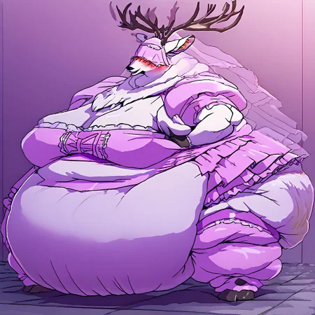 bbvicamelia, antlers, big antlers, veil, frilly veil, immobile, fat, chubby, plump, obese, large breasts, big butt, fat cheeks, wearing dr3ss, satin maid outfit, short poofy voluminous skirt, frills, apron, thighhighs, takeda hiromitsu style, diaper, big diaper, purple diaper, huge diaper, massive diaper, blue diaper, pink diaper, blush, waddle