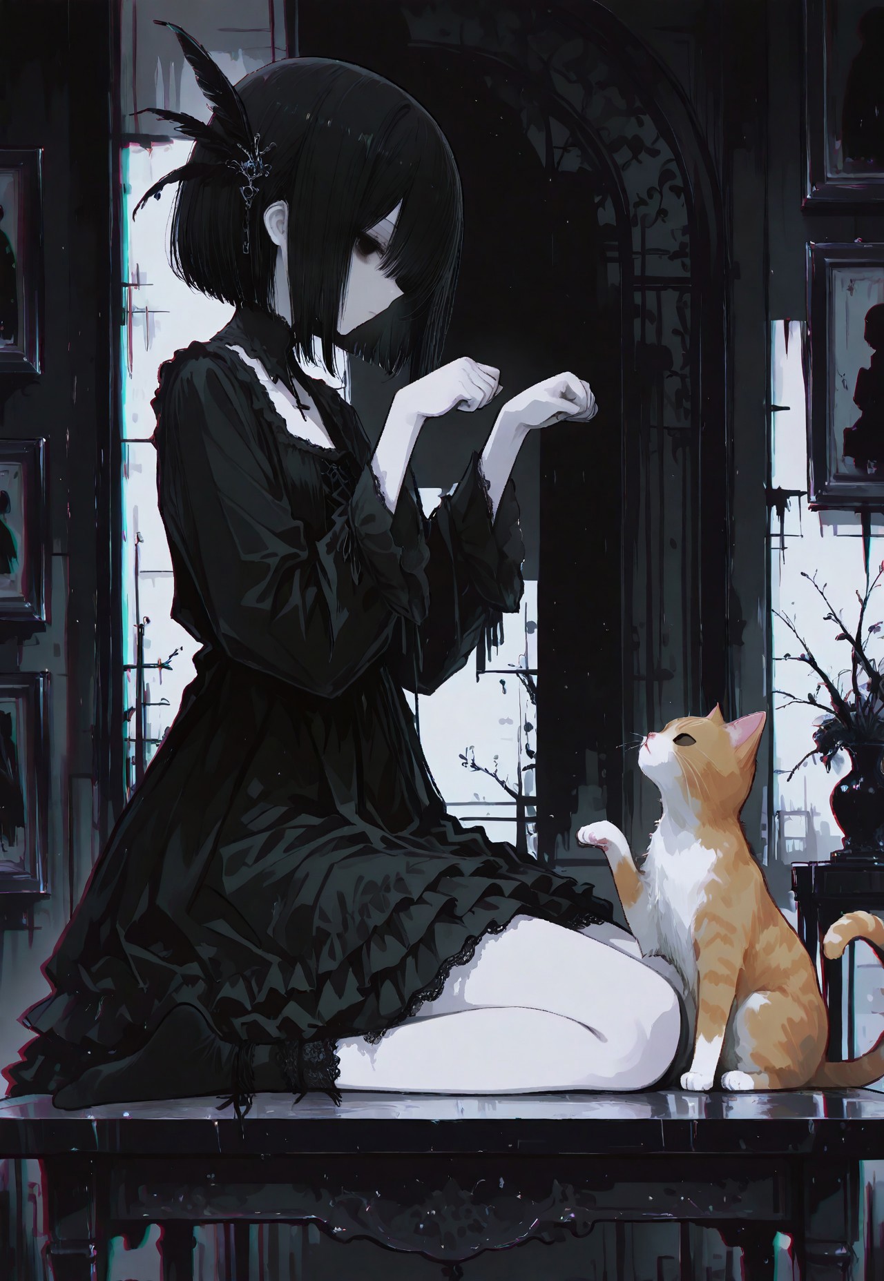 masterpiece,  best quality, good quality, very awa,  very aesthetic, absurdres, newest, 8k, HDR, focused subject, oc-chan_(ketopon), 1girl, solo, black hair, bob cut, hair between eyes, feather hair ornament, black eyes, solid eyes, expressionless, pale skin, goth fashion, frilled dress, square neckline, high collard,lace trim, feet, ankle socks, sitting, seiza, from side, profile, hands up, paw pose, animal, ginger cat sitting on chabudai_(table), paws up, head tilt, curled tail, indoors, scenery,  dark theme,chromatic aberration, limited palette,flat colors, no lineart, no outline, 15546+456868, r17329_illu,