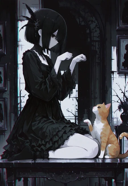 masterpiece,  best quality, good quality, very awa,  very aesthetic, absurdres, newest, 8k, HDR, focused subject, oc-chan_(ketopon), 1girl, solo, black hair, bob cut, hair between eyes, feather hair ornament, black eyes, solid eyes, expressionless, pale skin, goth fashion, frilled dress, square neckline, high collard,lace trim, feet, ankle socks, sitting, seiza, from side, profile, hands up, paw pose, animal, ginger cat sitting on chabudai_(table), paws up, head tilt, curled tail, indoors, scenery,  dark theme,chromatic aberration, limited palette,flat colors, no lineart, no outline, 15546+456868, r17329_illu,