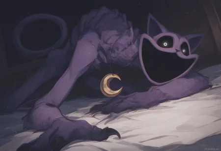 (score_9, score_8_up, score_7_up, score_6_up),
monster, horror, purple fur, body stitched together, seams, long limbs, claws, golden crescent moon medallion, skinny, bony body, lying down, dark room, bedroom, dark night, gloomy atmosphere, CatNap, small glowing white eyes, large empty sockets, looms over the viewer