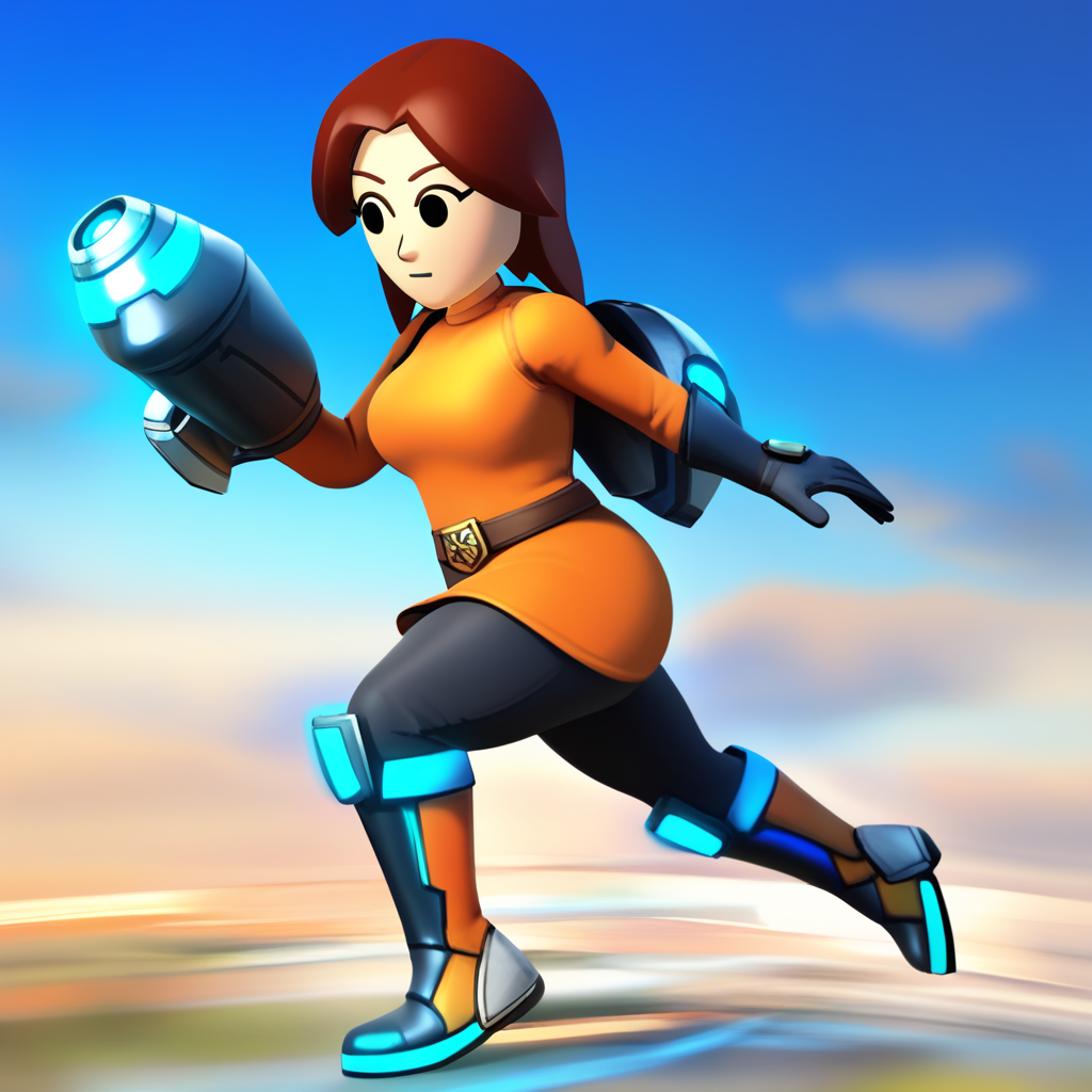 score_9, score_8_up, score_7_up, score_6_up, best quality, masterpiece, motion blur, 3d, render, detailed background, blue background, clouds, BREAK 1girl, mii_gunner_(\smash_bros_4\), large head, amber hair, female, black eyes, dot eyes, orange dress, long sleeves, belt, gloves, black pants, boots, thick thighs, arm cannon, running, <lora:PDXL_MiiGunner_S4:1>