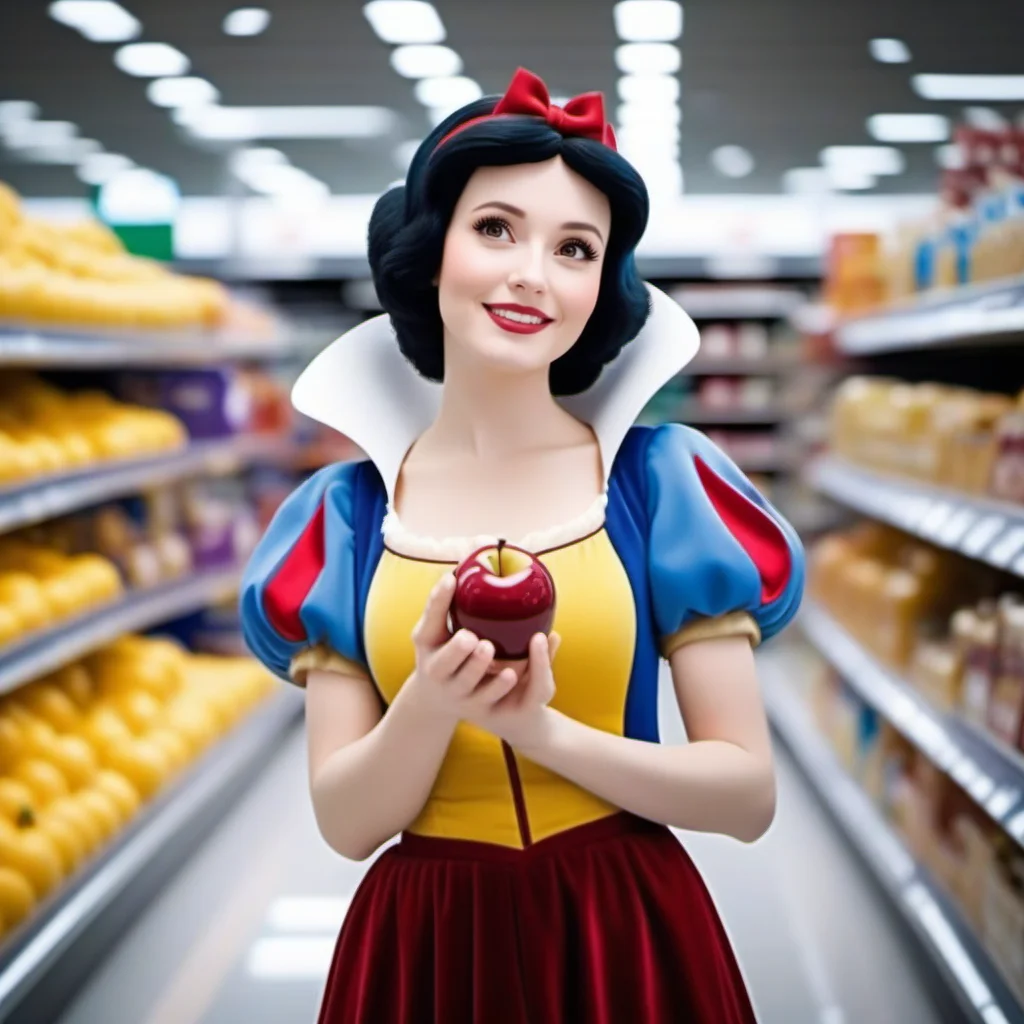 cinematic photo SnowWhite1024, a realistic woman, full body with an apple, grocery shopping in wallmart <lora:SnowWhite1024:0.8> . 35mm photograph, film, bokeh, professional, 4k, highly detailed