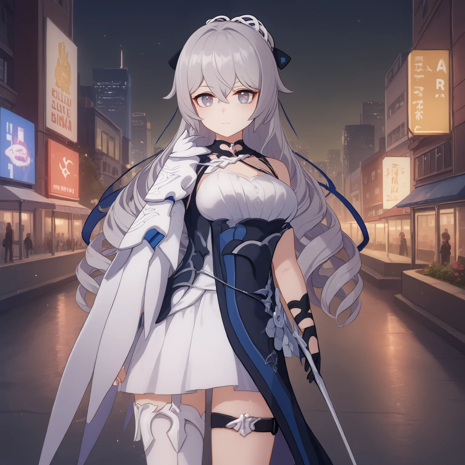 score_9, score_8_up, score_7_up, score_6_up, BREAK source_anime, looking at viewer, night, city, 1girl, solo, standing, cowboy shot, masterpiece, best quality, high detailed skin, bronya zaychik, bronya zaychik \(silverwing n ex\), long hair, drill hair, grey hair, grey eyes, hair ornament, white dress, single glove, single thighhigh,