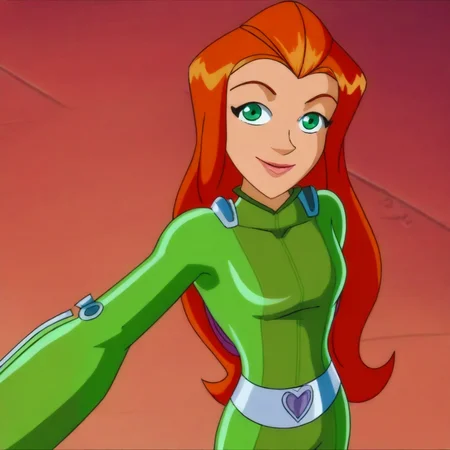 1girl, solo, sam_totally_spies, long hair, orange hair, green eyes, green bodysuit, season6-style, smile, happy, selfie, high angle, looking at viewer