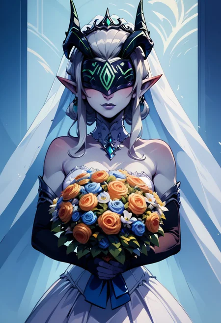score_9, score_8_up, score_8, medium breasts, (curvy), cute, eyelashes,
BREAK,
zzShemira, pointy ears, covered eyes, grey skin,
BREAK,
bride, wedding dress, bridal veil, strapless dress, elbow gloves, holding bouquet,
zPDXL, Expressiveh