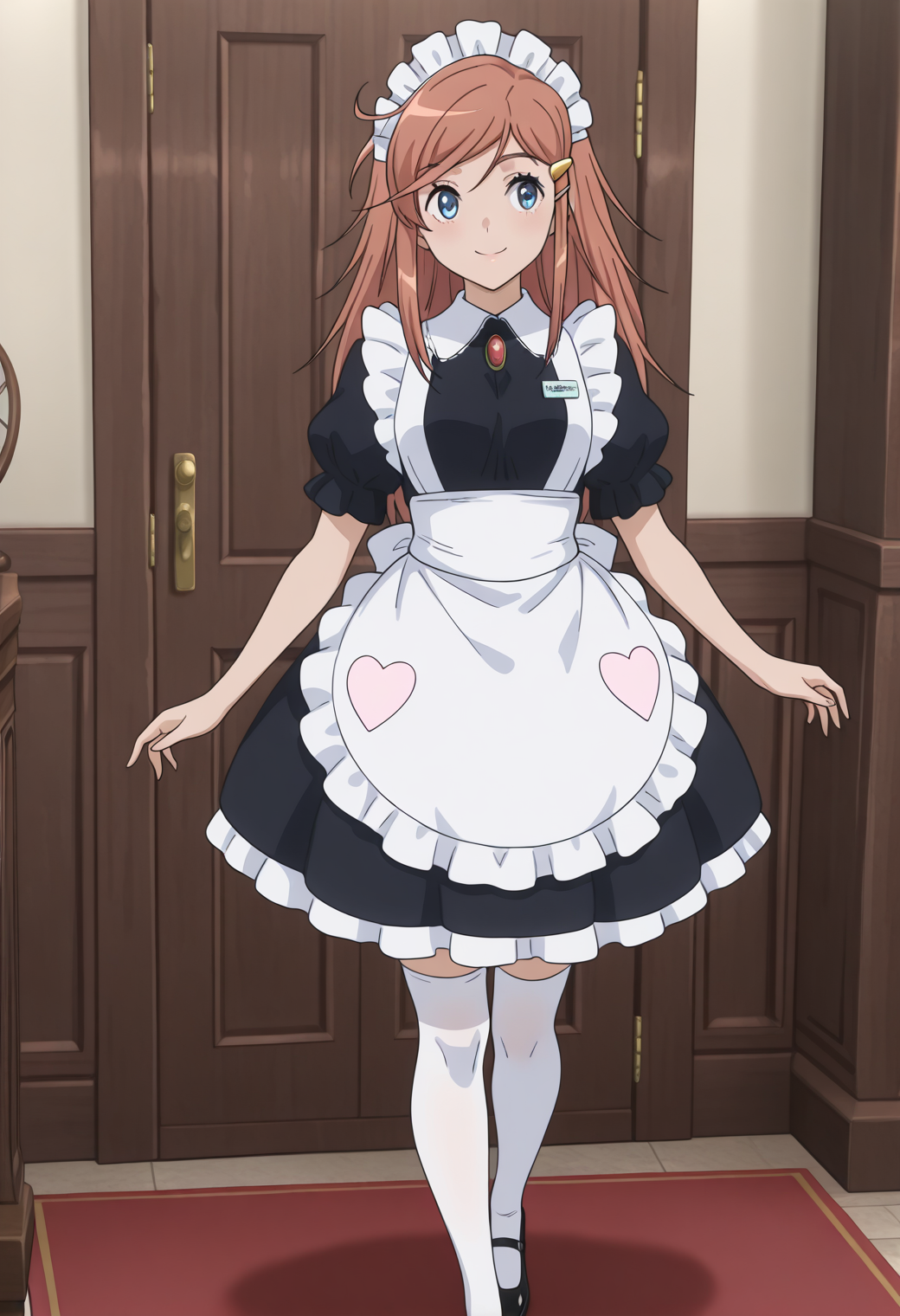 masterpiece, best quality, very aesthetic, absurdres, 1girl, solo, 
<lora:kato_marika_v01:1>, kato_marika, marika_maid, brown hair, long hair, blue eyes, hairclip,
maid headdress, maid, red jewelry, name tag, puffy short sleeves, white apron, white thighhighs, black footwear, smile, posing