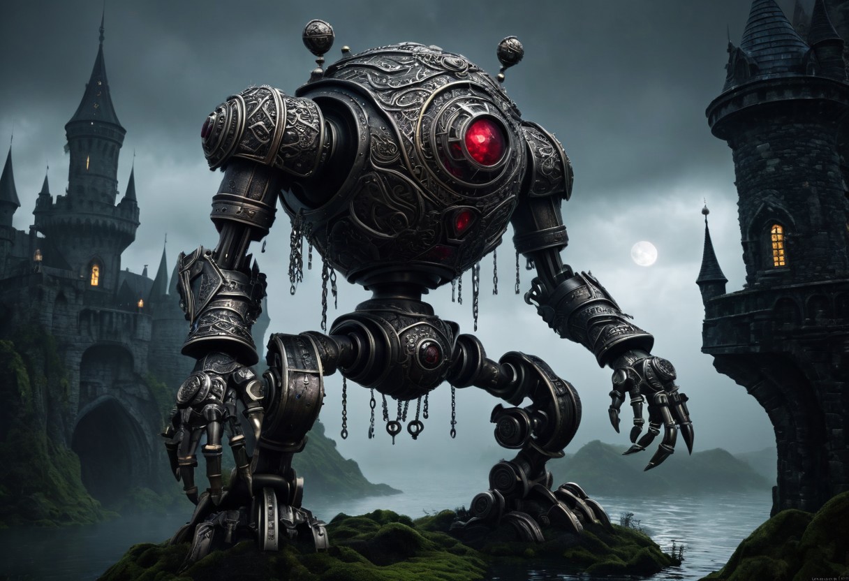 giant bipedal robot pewter silver and dark red stripes and bronze silver paisley robot. lacy robot cube spiked. head. outside of a steampunk keep. large detailed torso. dark image. one forty foot tall ancient robot with great arms and two heavy spring legs. dark foggy night background. $dark foggy night image only. dark photo realistic image. steampunk details. cogs, chains and pipes incorporated in the fantasy buildings. magic wizards tower in background. Dark swamp, moss, castle ruins, wizards tower. stormy dark night. small floating machines