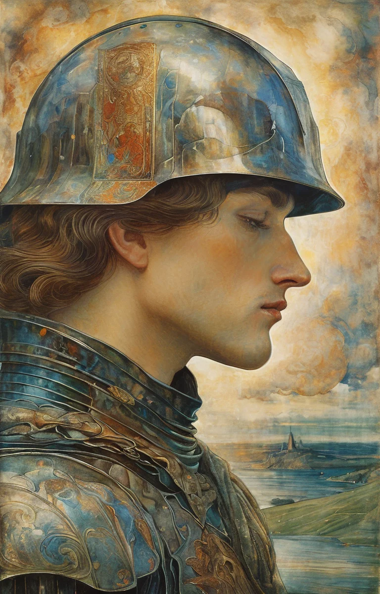 masterpiece,best quality,<lora:tbh140-sdxl:0.7>portrait of knight,illustration,style of Jean Delville,symbolism,colorful,