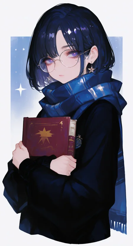 masterpiece, best quality, good quality, very aesthetic, absurdres, newest, 1girl, solo, short hair, blue eyes, black hair, long sleeves, holding, closed mouth, jewelry, purple eyes, upper body, earrings, glasses, striped clothes, star \(symbol\), mole, scarf, sweater, parted bangs, looking to the side, mole under eye, book, bright pupils, white pupils, holding book, round eyewear, cropped torso, hugging object, black sweater, animification, star earrings, blue scarf, fringe trim, striped scarf, hugging book, hogwarts school uniform, 748cmstyle <lora:ponyv5_noobV065S_1_adamW-000013:0.7> <lora:USNR_STYLE_XL_lokr:0.45> <lora:745cmSDXLvpred75S:0.85>