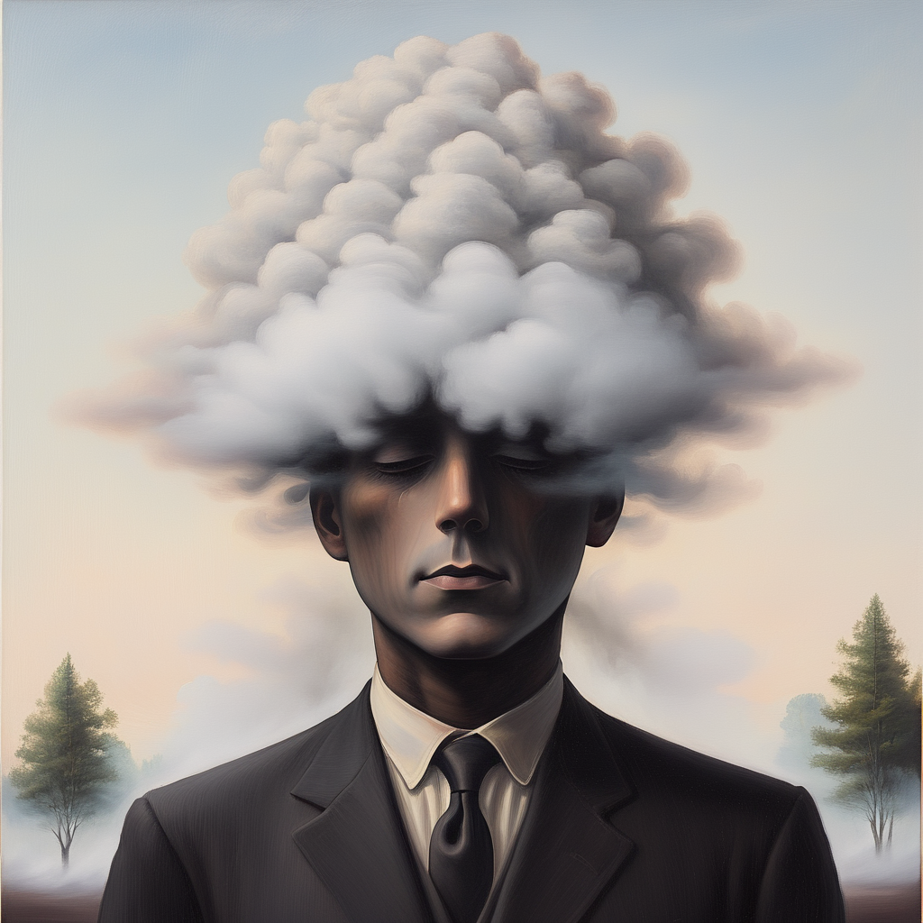 <lora:Dreamlike_surrealist_paintingSDXL:1> ArsMJStyle, Dreamlike surrealist painting, The image is a painting of a man's head and upper body with a large cloud of smoke covering his head. The man is wearing a dark suit and tie and his face is partially obscured by the smoke. The background is a pale blue sky with a few trees visible in the distance. The overall mood of the image is somber and contemplative., solo, necktie, 1boy, formal, suit, male focus, tree, cloud, sky, black necktie