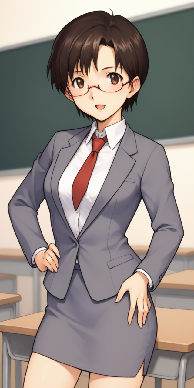 score_9, score_8_up, score_7_up,, source_anime,
1girl, solo, at classroom, blackboard, hand at hip,
<lora:ibukimaya_01XLP:1>, ibukimaya, very short hair, brown hair, brown eyes, semi-rimless glasses,
business suit, black pencil skirt, jacket, dress shirt, collared shirt, necktie,
open mouth,