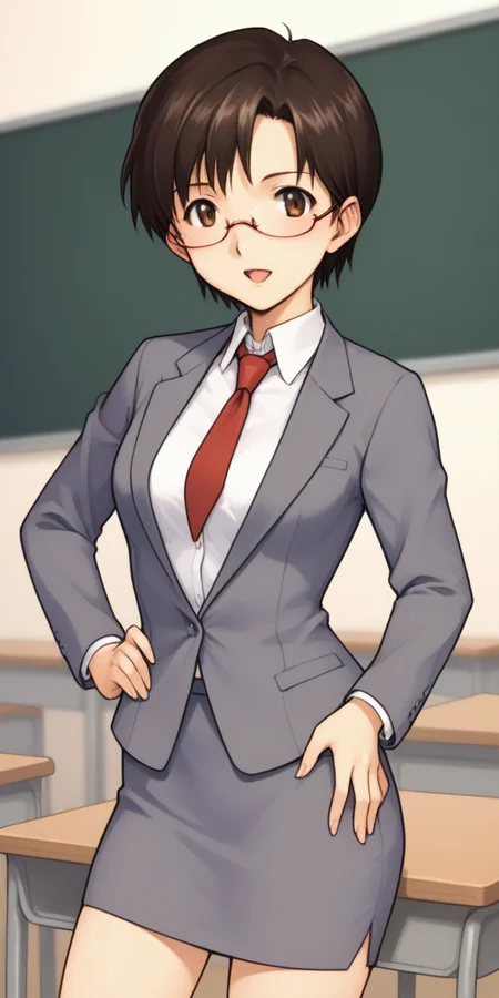 score_9, score_8_up, score_7_up,, source_anime,
1girl, solo, at classroom, blackboard, hand at hip,
<lora:ibukimaya_01XLP:1>, ibukimaya, very short hair, brown hair, brown eyes, semi-rimless glasses,
business suit, black pencil skirt, jacket, dress shirt, collared shirt, necktie,
open mouth,
