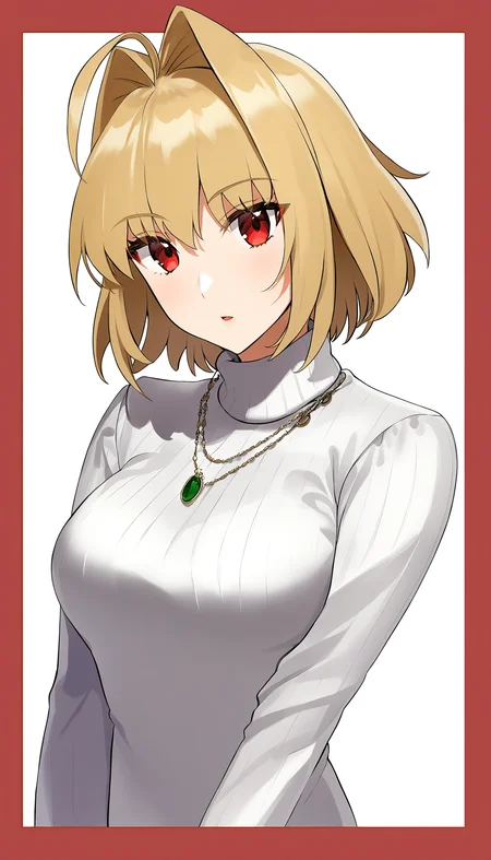 1girl,solo,looking at viewer,blush,short hair,bangs,blonde hair,red eyes,long sleeves,white background,jewelry,medium breasts,upper body,parted lips,necklace,twitter username,sweater,turtleneck,hair intakes,border,antenna hair,turtleneck sweater,white sweater,red border,arcueid brunestud,masterpiece,best quality,<lora:Wada_Arco__Style__XL:1.2>,
