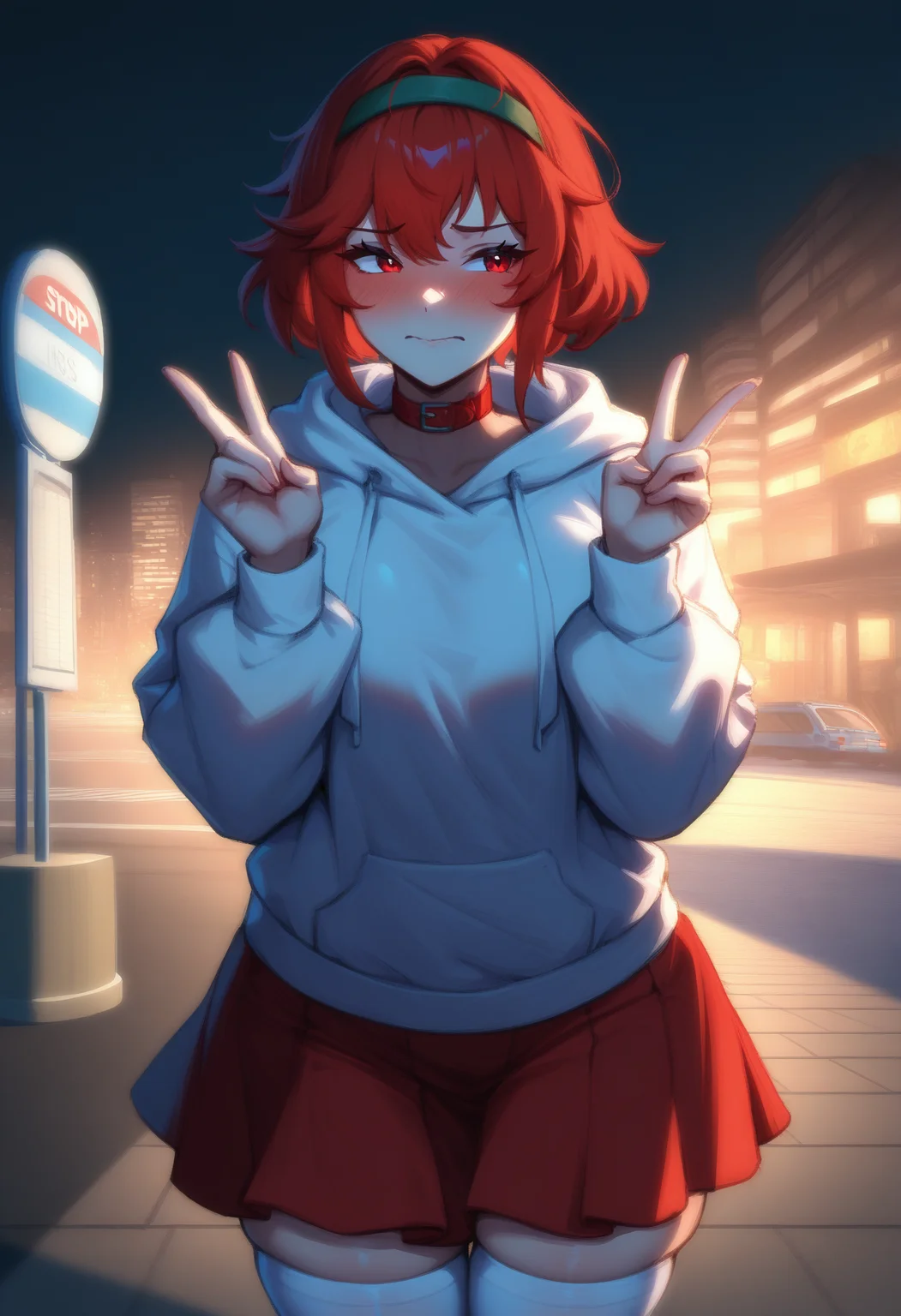 masterpiece, best quality, newest, absurdres, highres, <lora:NSMinervaFESD:0.85> NSMinervaMisc, red eyes, red hair, short hair, green headband, white hoodie, red skirt, red choker, white thighhighs, city, bus stop, dark theme, double v, embarrassed, shy