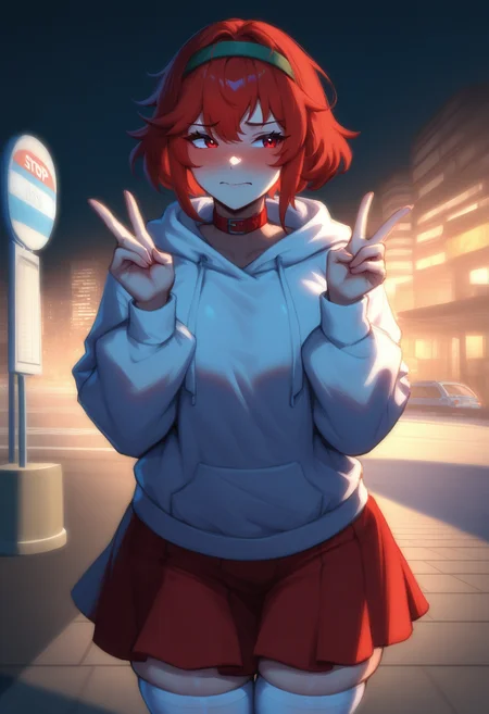 masterpiece, best quality, newest, absurdres, highres, <lora:NSMinervaFESD:0.85> NSMinervaMisc, red eyes, red hair, short hair, green headband, white hoodie, red skirt, red choker, white thighhighs, city, bus stop, dark theme, double v, embarrassed, shy