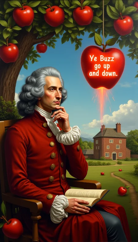 The portrait has the signature text "Sir Isaac Newton". This image is a vibrant hyper realistic portrait depicting "Sir Isaac Newton" the historical figure, likely from the 18th century, sitting beneath a tree laden with ripe red apples. The figure, with long, curly blue-gray hair, is dressed in a rich, deep red coat adorned with gold buttons and white cuffs, labelled "Isaac Newton" reminiscent of aristocratic attire. He is seated on a wooden chair with a thoughtful expression, his right hand resting on his chin as he gazes into the distance. In front of him, an open book lies on his lap, suggesting he is engaged in scholarly contemplation. A large glowing apple shaped thought bubble with neon text "Ye Buzz go up and down" falls from the tree with fast movement lines down.
The background features a serene countryside scene with a clear blue sky and a few fluffy white clouds. In the distance, a quaint, two-story brick house with a thatched roof and chimneys stands amidst a lush, green landscape dotted with more apple trees and a few red apples scattered on the ground. The painting captures the essence of a peaceful, idyllic setting, combining the historical figure's contemplative pose with the natural beauty of the surrounding countryside. The textures in the painting are detailed, with soft, flowing lines for the hair and a sense of depth in the foliage and distant buildings. The overall mood is one of tranquility and reflection.