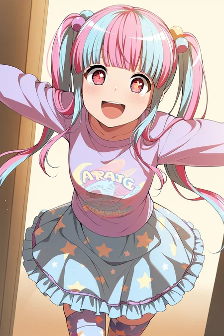 masterpiece, best quality, amazing quality,
<lora:PAREO_IL:1> pareo, 1girl, solo, skirt, long hair, twintails, thighhighs, smile, multicolored hair, star print, print shirt, open mouth, pink hair, hair bobbles, :d, print skirt, outstretched arms, bangs, casual