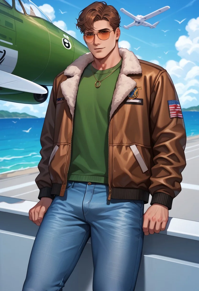 , score_9, score_8_up, score_7_up, Absurdres, Intricate Details, Masterpiece, Best Quality, anime_source, male focus, adult, mature male, broad shoulders, clothed, hal jordan, brown eyes, brown hair, outdoors, infront of plane, bomber jacket, sunglasses, day time, jeans, looking at viewer, solo, 1boy,