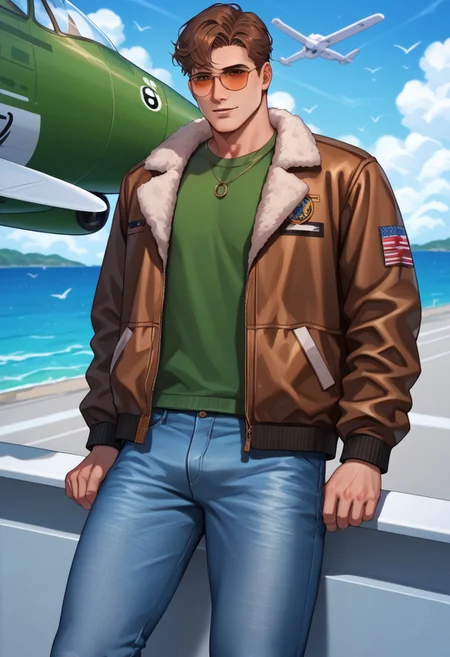 , score_9, score_8_up, score_7_up, Absurdres, Intricate Details, Masterpiece, Best Quality, anime_source, male focus, adult, mature male, broad shoulders, clothed, hal jordan, brown eyes, brown hair, outdoors, infront of plane, bomber jacket, sunglasses, day time, jeans, looking at viewer, solo, 1boy,