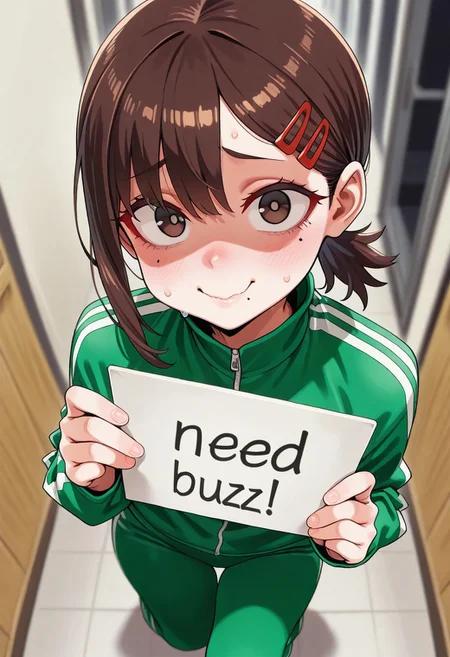 higashiyama kobeni, solo, (holding knife with one hand), (hand and knife behind her body), ((need_buzz)), (holding sign with another hand), shaded face, fake smile, nervous sweat, wavy mouth, brown eyes, brown hair, green track suit, hair clip, mole under eye, mole under mouth, short ponytail, single side lock, squatting, looking at viewer, ((8k, Ultra HD)), (foreshortening:2), depth of field, ((Detailed background :1.5)), ((Masterpiece)), ((Best quality)), ((Detailed)), amazing quality, very awa, highres, absurdres, anime, contrapposto, artist:asanagi, from above,