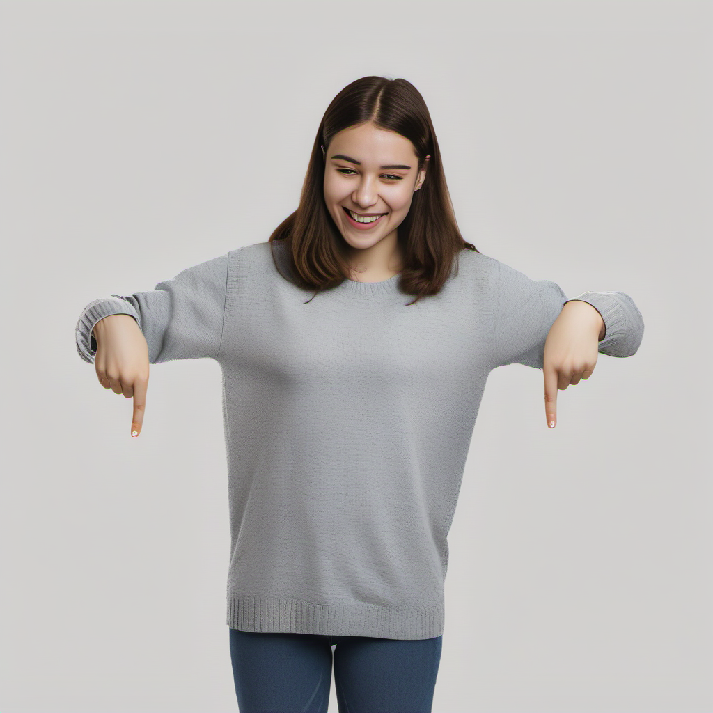 pointingdown, 1girl, pointing down, legs hidden, no background, <lora:pointingdown:1>, two hands pointing, smile, open eyes