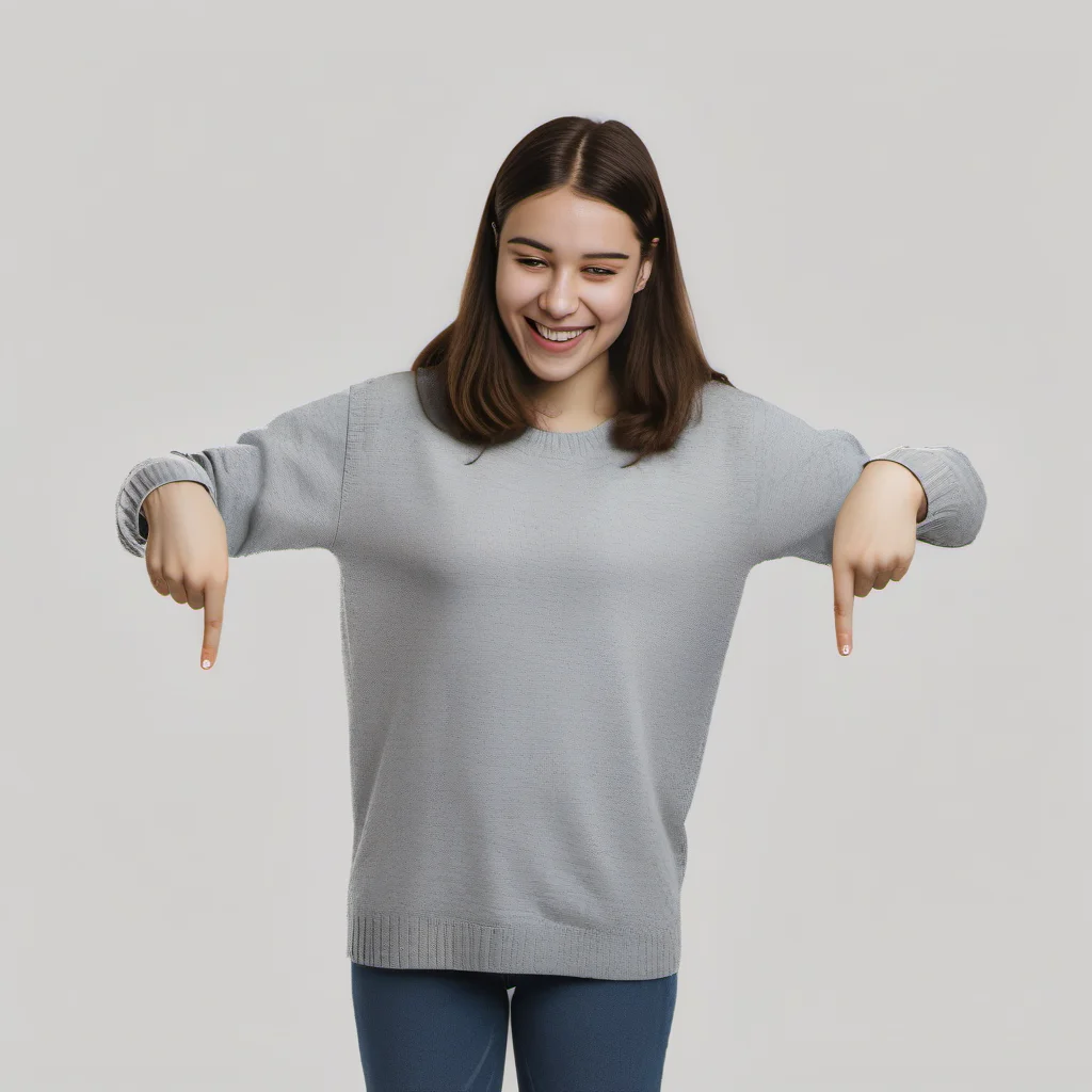 pointingdown, 1girl, pointing down, legs hidden, no background, <lora:pointingdown:1>, two hands pointing, smile, open eyes