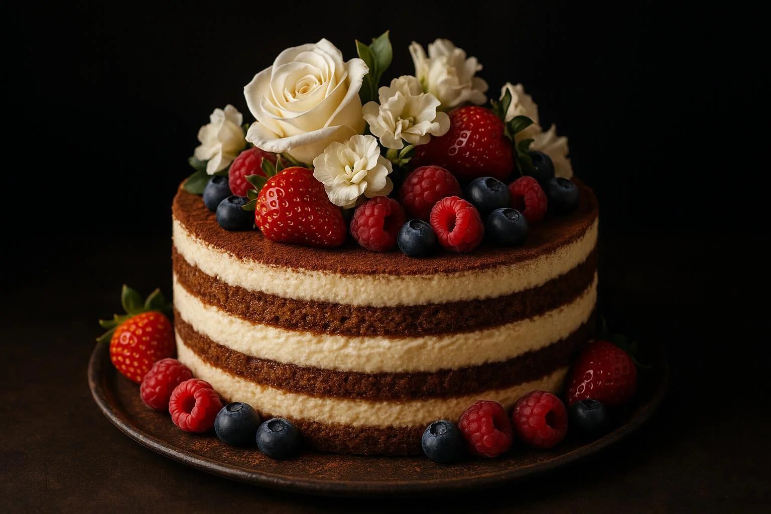 (masterpiece:1.1), (highest quality:1.1), (HDR:1.0), Cake, tiramisu , flowers , fruit, cream, intricate detail ,dark background , HD. Photography