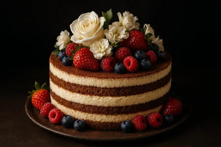 (masterpiece:1.1), (highest quality:1.1), (HDR:1.0), Cake, tiramisu , flowers , fruit, cream, intricate detail ,dark background , HD. Photography