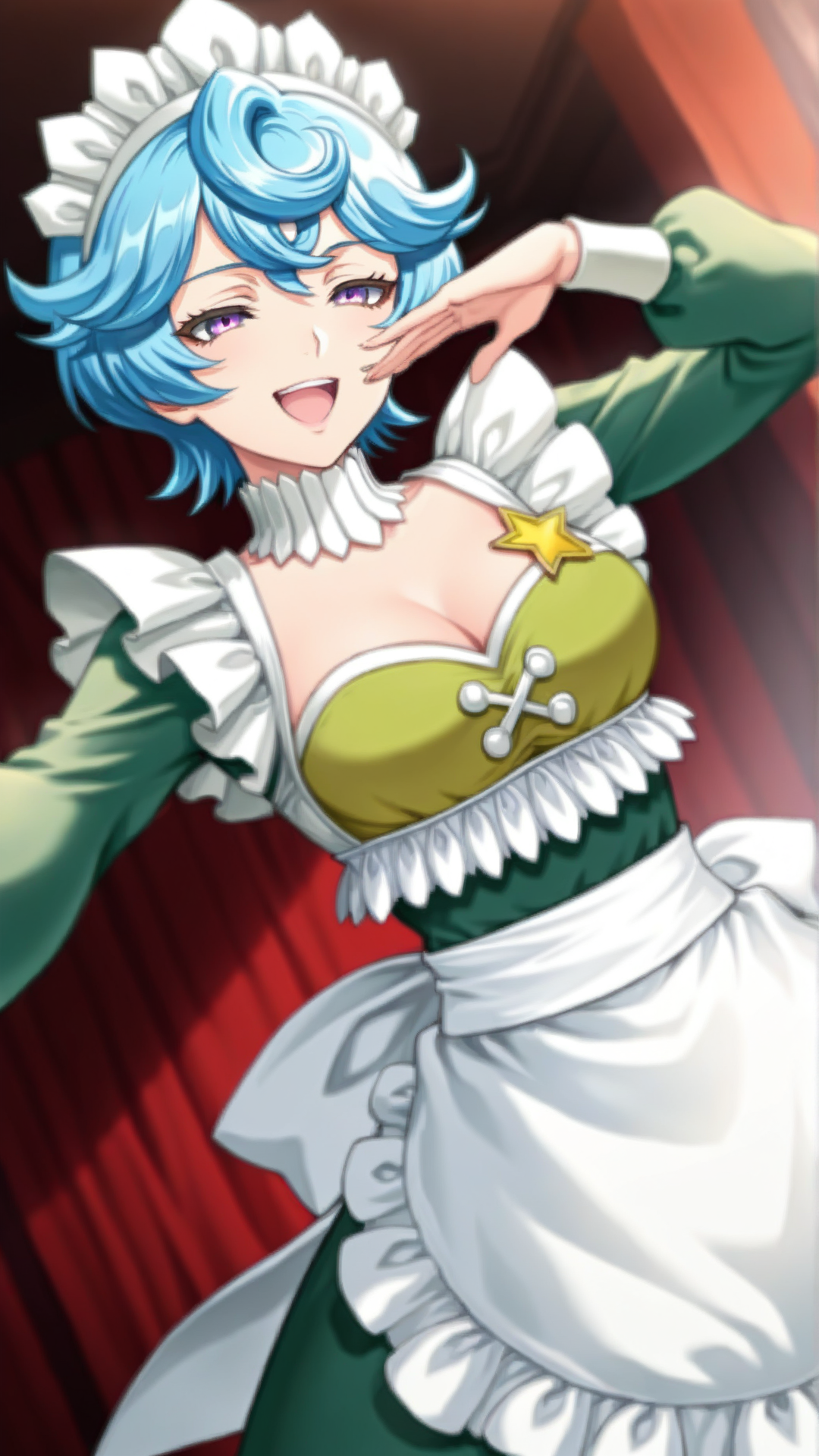 source_anime, general, best quality, masterpiece, 1girl, <lora:Aslana_Melek_ill_v1.0:1> aslana_melek\(scarlet grace\),short hair, blue hair, purple eyes,cleavage, maid, maid headdress, maid apron,solo, laughing, dynamic pose, dutch angle,solo, seductive smile, happy,  cowboy shot,