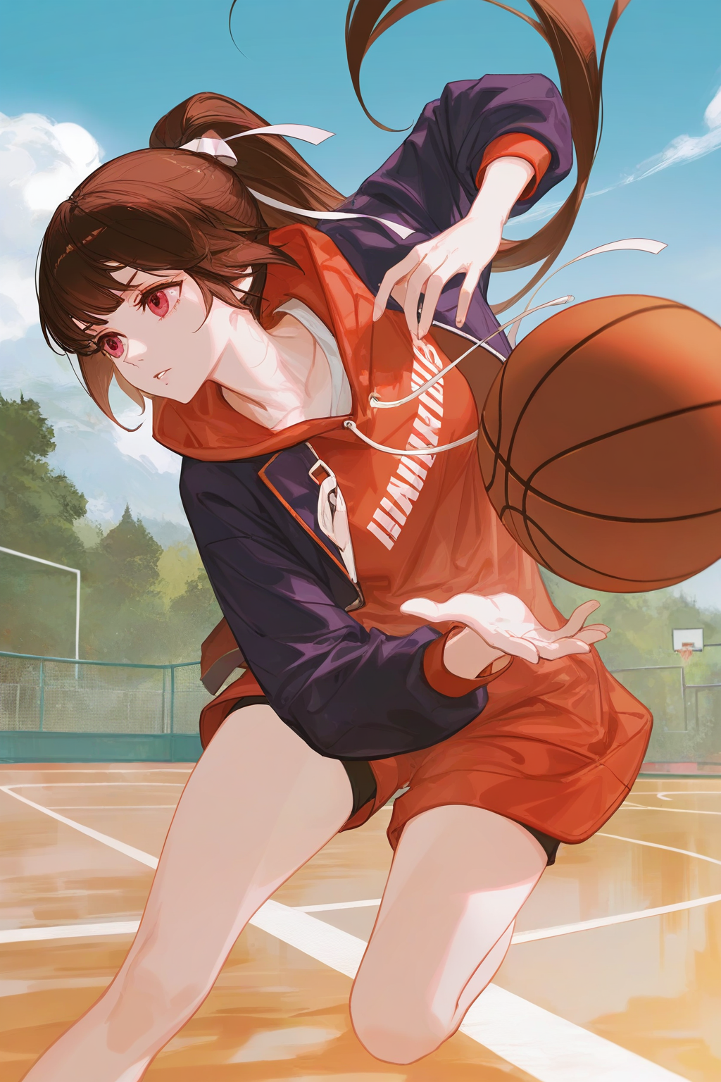 artist:ask_(askzy),artist:yolanda,[artist:WANKE],artist:ciloranko,multicolored,<lora:fenglingyuxiu-000018:0.6>, -fenglinger, 1girl, ponytail, solo, brown hair, basketball, basketball \(object\), hoodie, hood, long hair, ball, holding, outdoors, red eyes, parted lips, day, long sleeves
