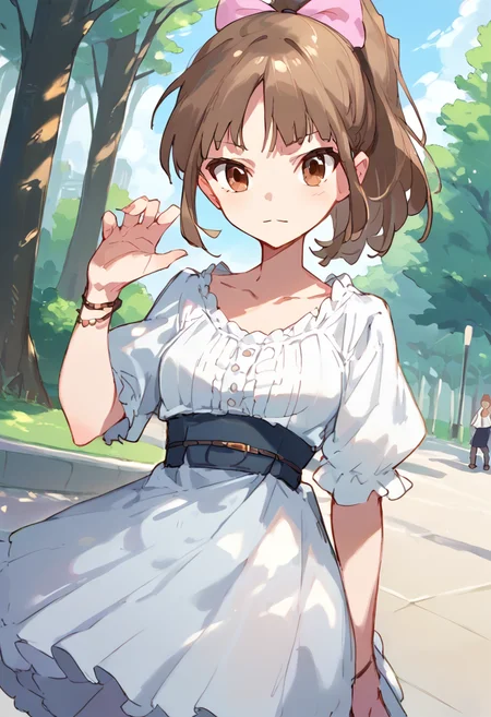score_9,score_8_up,score_7_up,source_anime,zPDXL3,park,tree,street,
*//*,<lora:HisamiNanami-v1.0:1.0>,hisaminanami_wug,1girl,solo,brown eyes,ponytail,brown hair,pink bow,white dress,short dress,frills,frilled dress,
*//*,looking at viewer,cowboy shot,dutch angle,dynamic pose,