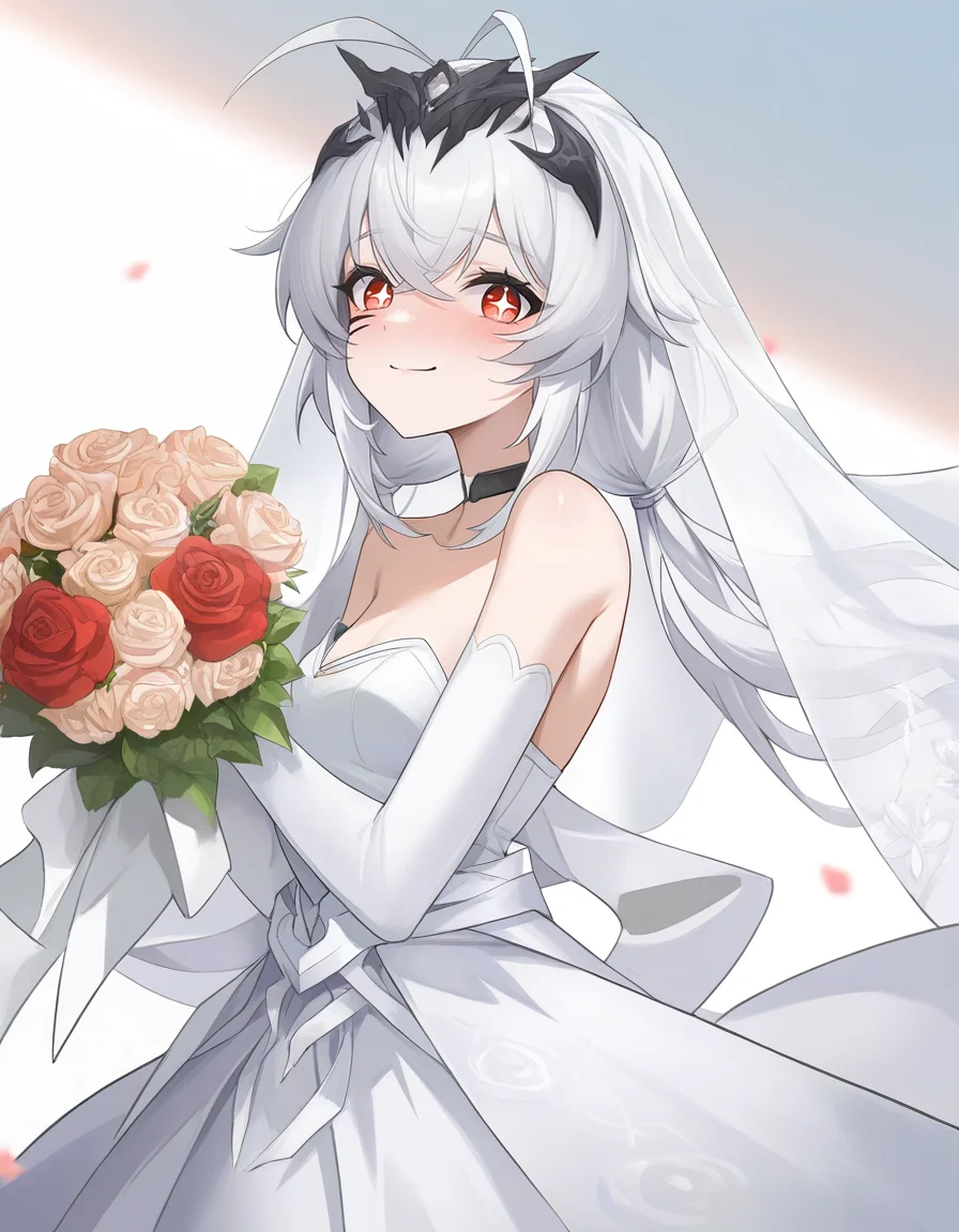 junjun \(kimi-la\),looking at viewer,wedding_dress,bridal_veil,cowboy_shot,holding_bouquet,
spfaniya,1girl,solo,white hair,red eyes,facial mark,antenna hair,symbol-shaped pupils,+ +,bangs,hair between eyes,small breasts,<lora:spfaniya_noob:0.75>,
masterpiece,best quality,very aesthetic,absurdres,