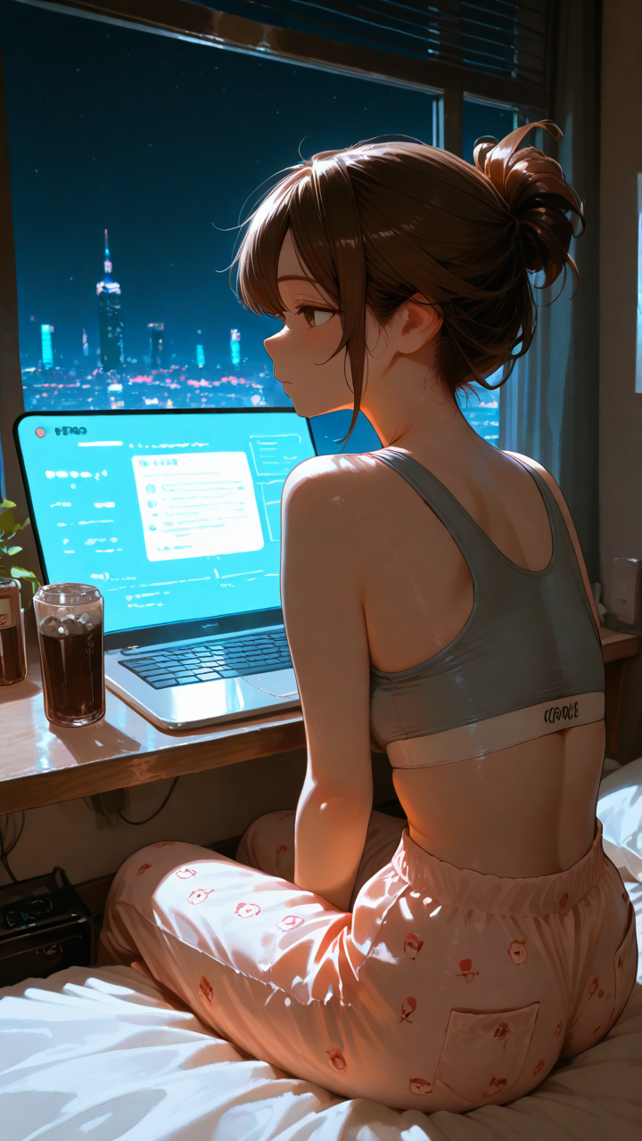 masterpiece, best quality, amazing quality, very aesthetic, absurdres, highres, newest, 2024, HDR, 8K, high detailed, 
1girl, solo, hair up-do, brown hair, brown eyes, pajamas in her bedroom sitting in the window daydreaming on a cityscape, night sky, rgb lights, downtown, hot pants, sports bra, ice coffee, lit laptop screen all white, bed room furniture, cozy, looking out of the window