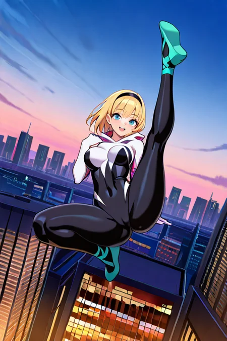 masterpiece, High quality, Ultra detailed, 2d, newest, absurdres, highres, BREAK
1girl, solo, superhero, <lora:Spider_Gwen:0.8>, ghost_spider_(spider-verse), short hair, blonde hair, hairband, blue eyes,  
large breasts, GwenDef, bodysuit, hooded bodysuit, spider web print, skin tight, ballet slippers, 
flying, sky, full body, city, smile, open mouth, spread legs, hand up,