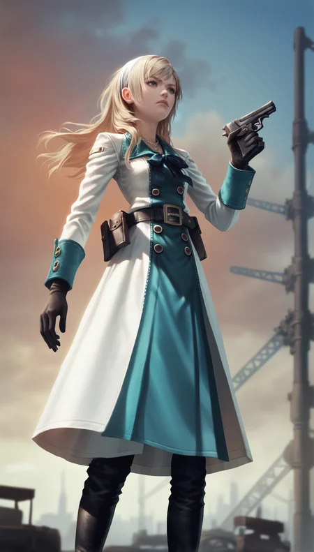 score_9,score_8_up,score_7_up,
<lora:Leanne:0.9>,
highres,photorealism,
1girl,solo,blonde hair,long hair,bangs,white hairband,dark blue neck ribbon,blue eyes,looking ahead,serious expression,white coat with teal accents,necklace,brown belt,belt pouch,black gloves,black knee boots,full body,feet out of frame,standing,holding a pistol,from below,outdoors,steampunk theme,industrial setting with large gears,sunset sky,bloom,