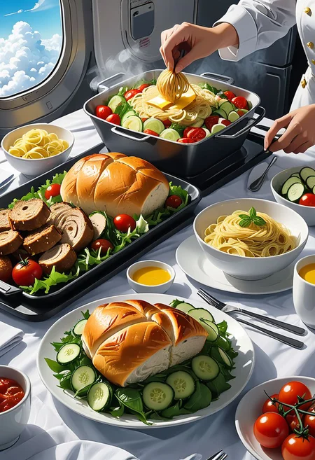 First person view A close-up of a tray of delicacies from the plane is visible on a passenger's table. A colorful variety of dishes awaits you - fresh salad with bright greens, juicy cherry tomatoes and crispy cucumbers; a main course of tender chicken or savory pasta, steaming temptingly; side dish of warm buns and butter. The aroma teases, promising a delightful culinary journey among the clouds.
graphic style of novel comics, perfect hands, 2d,
8k, hyperrealism, masterpiece, high resolution, best quality, ultra-detailed, super realistic, Hyperrealistic art, high-quality, ultra high res, highest detailed, lot of details, Extremely high-resolution details, incredibly lifelike, colourful, soft cinematic light,