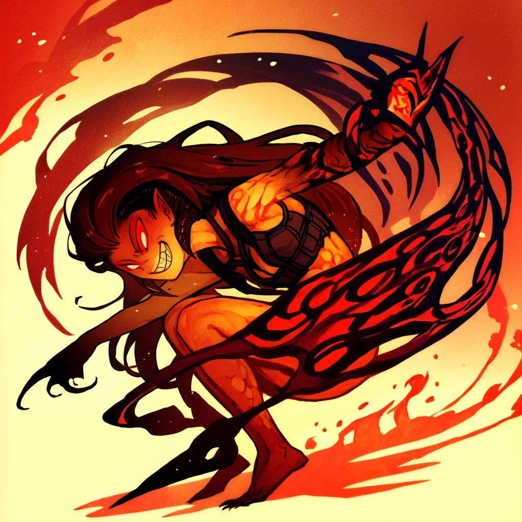 score_9, score_8_up, score_7_up, score_6_up, score_5_up, score_4_up, source_anime,  WrathiaBellarmina, demon girl, colored skin, full body, evil grin