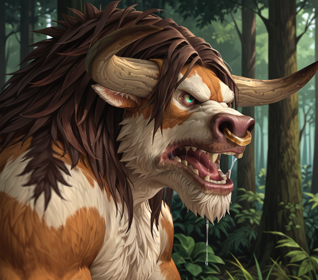 safe_pos, score_9_up,score_8_up,score_7_up,score_6_up,score_5_up,score_4_up, masterpiece, high quality, digital painting, source_monster, zPDXL3, BREAK,
 forest, blurry background, close up, portrait, three quarter view, side view, (roar), yelling, open mouth, angry, saliva, saliva strand, face, nose ring, 
Taur3n, bull, anthro, muscular, horns, bull horns, mane, fur, hunched,thick chest, pectorals, snout, nostrils, underbite, (square teeth), wide shoulders, hunched back, (humpback),
<lora:Tauren_for_PonyXL:0.75>, <lora:AdvancedEnhancerXLv2:2>