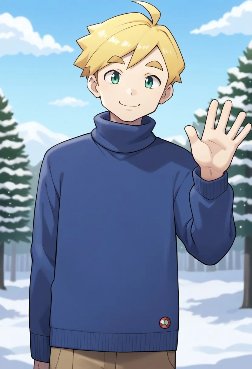 (source_anime, score_9, score_8_up, score_7_up:1), cowboy shot, 1boy, solo, blonde hair, short hair, side swept bangs, ahoge, green eyes, thick eyebrows, smile, waving, looking at viewer, blue sweater, outdoors, snow, trees, sky, clouds