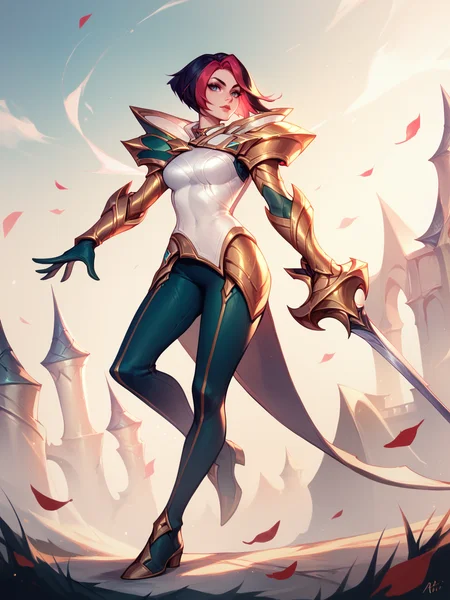 score_9, score_8_up, score_7_up, FioraNormal, 1girl, solo, black and red hair, white armor, golden shoulder pads, green pants, golden gloves, rapier, green boots, <lora:FioraNormal:1>