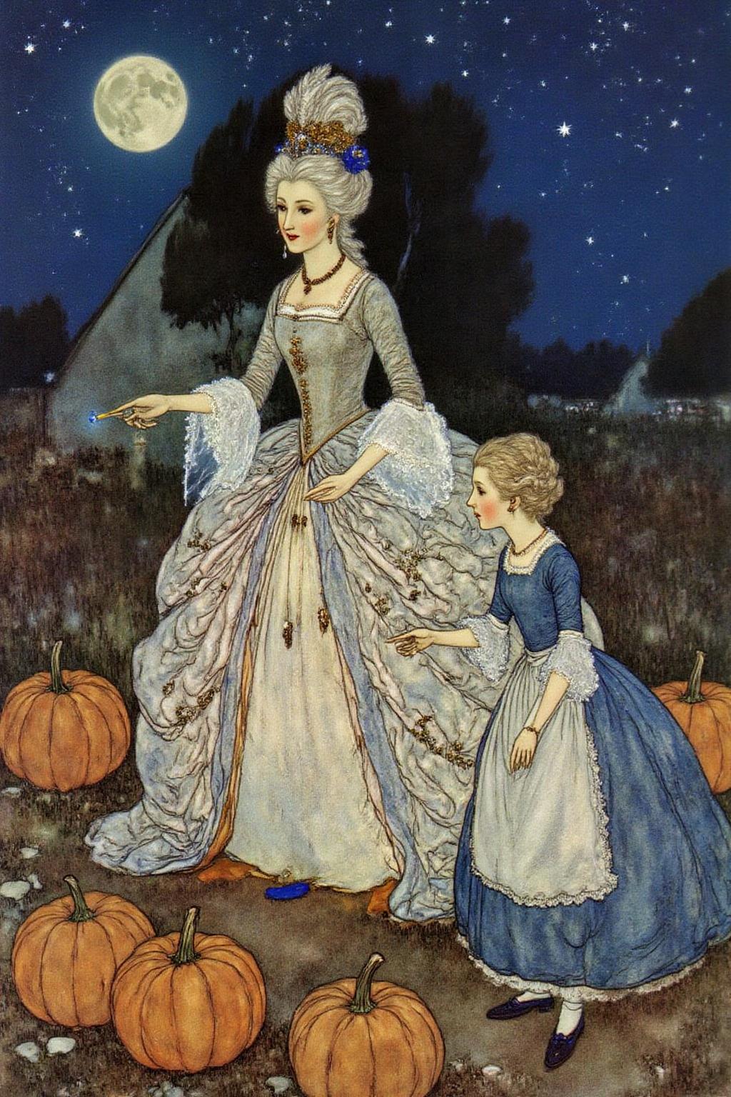 dulac1 illustration. 
an elegant fairy godmother in the center. She is dressed in an elaborate, ornate gown with a voluminous, flowing skirt adorned with intricate embroidery and lace, typical of 18th-century Rococo style. Her hair is styled in an elaborate updo with a delicate headpiece. She holds a wand, glowing softly with a blue light, pointed at some pumpkings on the ground, A young woman with a blue dress and aprons is looking at the pumpkings
The background is a moonlit night with a deep blue sky filled with stars, setting a mystical atmosphere. 
 <lora:dulac2_cap_d6a3e15:1.0><lora:816508768272643347:0>