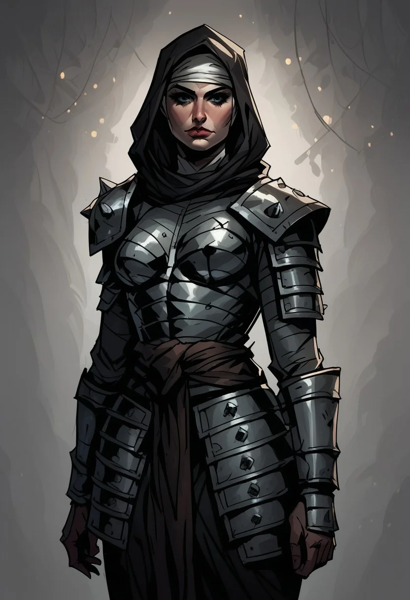 score_9, score_8_up, score_7_up, BREAK, 1girl, cowboy-shot, beautiful, dramatic lights ((Vestal. DDVestal. VestalDD. hood, armor, shoulder pads, DDstyle, pladurons))
