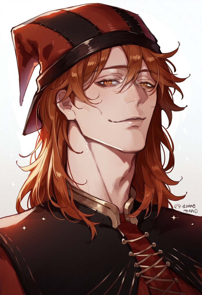 anime artwork, score_9, score_8_up, score_7_up, score_6_up, score_5_up, red hair, solo, cicero, ginger, hat, 1boy, male focus, masterpiece, best quality, score_9, score_8_up, score_7_up, source_anime,
 <lora:Floox_Style:1>, detailed eyes, detailed hair, looking at viewer,
