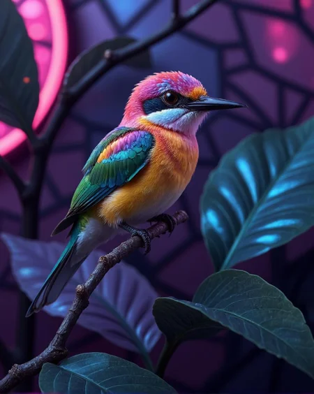 <lora:18CE5563C51F1C0E141C437BB5FC151C5AA7213133560F195E240D6FA0084AB2.safetensors:1> candy colors in the style of ckcf,
In a whimsical, neon-lit tableau, a European Bee-eater bird perches elegantly on a slender, metallic branch. The bird’s feathers are a mesmerizing blend of magenta, electric blue, and lavender, shimmering with an almost iridescent glow. Its vibrant green wings and yellow-orange body create a striking contrast against the dark, polished surfaces around it. The bird’s beak, short and black, stands out sharply, as if crafted from obsidian, perfectly suited for its role as a hunter of airborne prey.
The background is a tapestry of intricate, stained-glass patterns, where bold, geometric neon outlines trace the edges of large, glossy green leaves. These patterns glow with a soft, ethereal light, casting a dreamlike aura over the scene. The leaves, smooth and reflective, seem to pulse with a gentle, inner radiance, adding depth and texture to the composition.
High-contrast lighting accentuates the bird’s luminous presence, with the neon hues of magenta, electric blue, and lavender radiating intensely against the darker, muted surroundings. The interplay of light and shadow creates a sense of movement and depth, as if the bird is about to take flight, its feathers catching the light in a cascade of colors.
The overall mood is one of serene elegance, blending the playful charm of neon art with the natural beauty of the Bee-eater. The composition feels both vibrant and cozy, a harmonious fusion of boldness and precision, capturing the essence of a retro-futuristic world where nature and modern artistry coexist in perfect harmony.