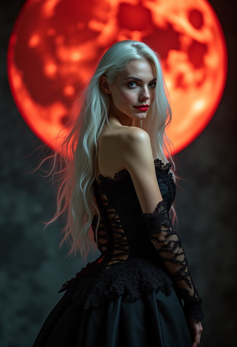 award wining professional erotic artistic boudoir photography, A cinematic masterpiece unfolds as the stunning professional european female model, resplendent in a flowing Victorian dress, stands majestically against an eerie backdrop of a colossal blood moon. Her long white locks flow like silk in the wind, framing her striking features with piercing red eyes and subtle makeup. The camera captures her sultry smile, lips painted red, as she gazes back, her enigmatic eyes radiating mystery and allure. Extreme lighting casts dramatic shadows on her bare skin, accentuating the flowing pubic hair, set against meticulous details that transport the viewer into a movie special effects style wonderland.